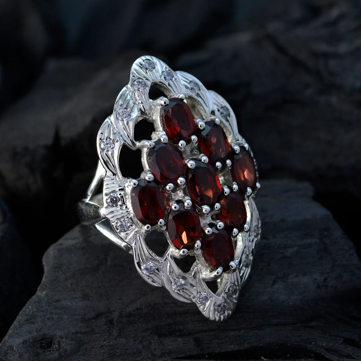 Garnet multiple French Silver Red Gems Statement Armor Ring Jewelry - Image 4