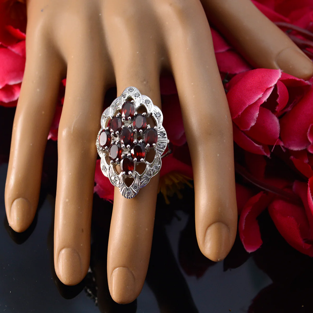 Garnet multiple French Silver Red Gems Statement Armor Ring Jewelry - Image 5