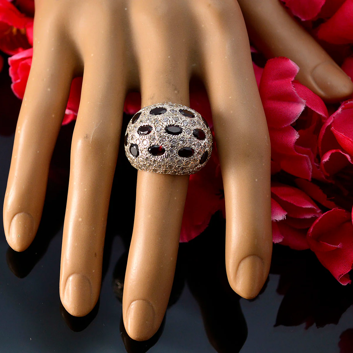 Garnet multiple French Silver Red Gemstones Edgy Modern Ring Jewelry - Image 5