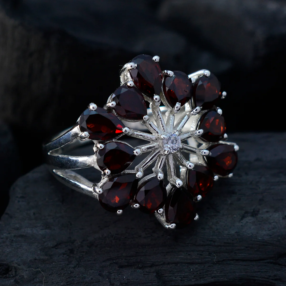 Garnet multiple Moroccan 925 Sterling Silver Red Gemstone Classic Floral Ring Jewelry - Image 4