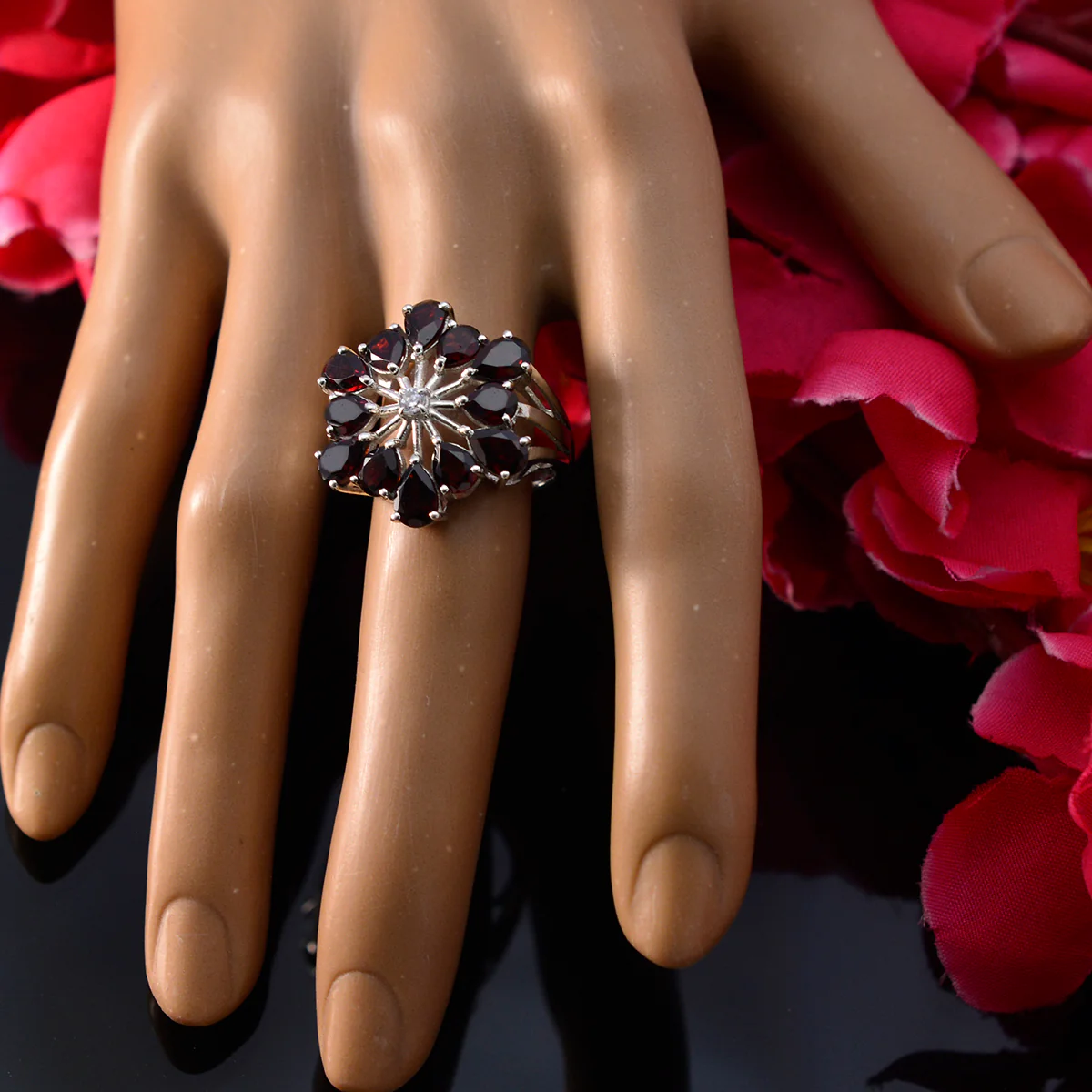 Garnet multiple Moroccan 925 Sterling Silver Red Gemstone Classic Floral Ring Jewelry - Image 5