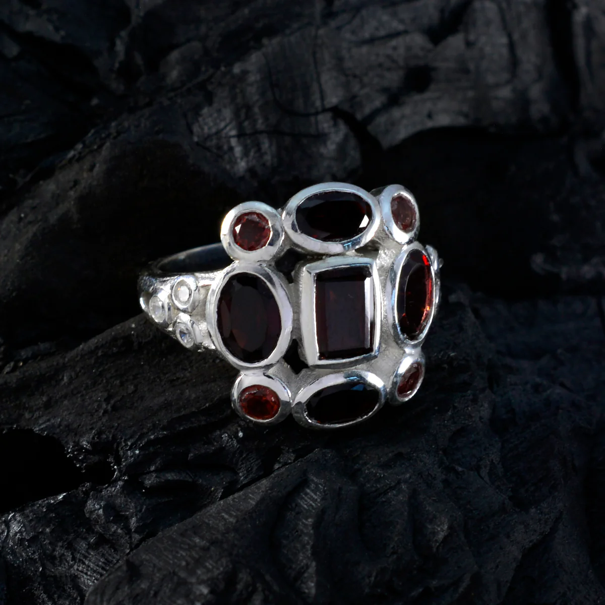 Garnet Navratna Egyptian 925 Sterling Silver Red Gems Classic Signet Ring Jewellery - Image 4