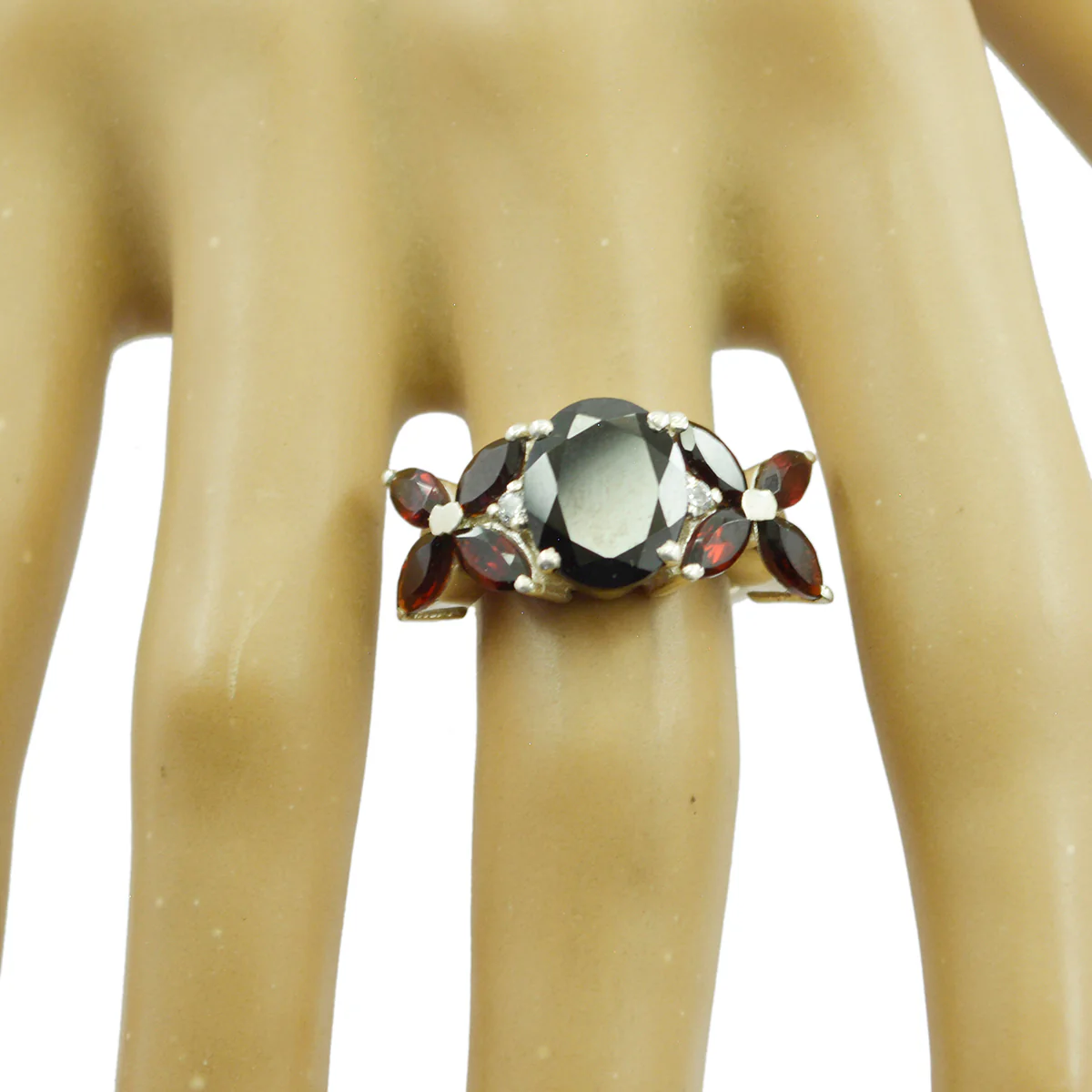 Garnet Navratna Russian Sterling Silver Red Gemstones Mid-weight Floral Ring Jewellery - Image 2