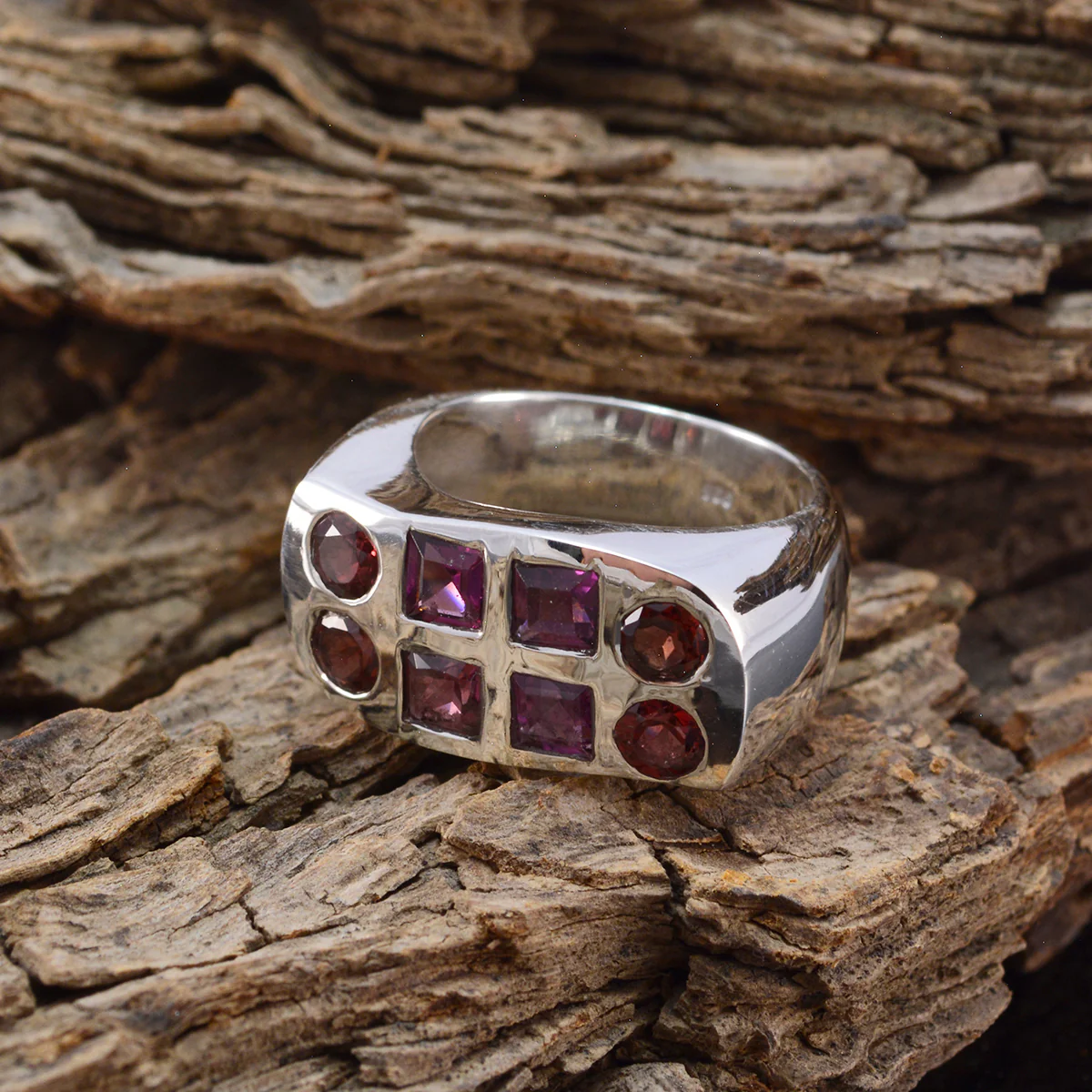 Garnet octa Spanish Sterling Silver Red Gemstone Chunky Signet Ring Jewelry - Image 4