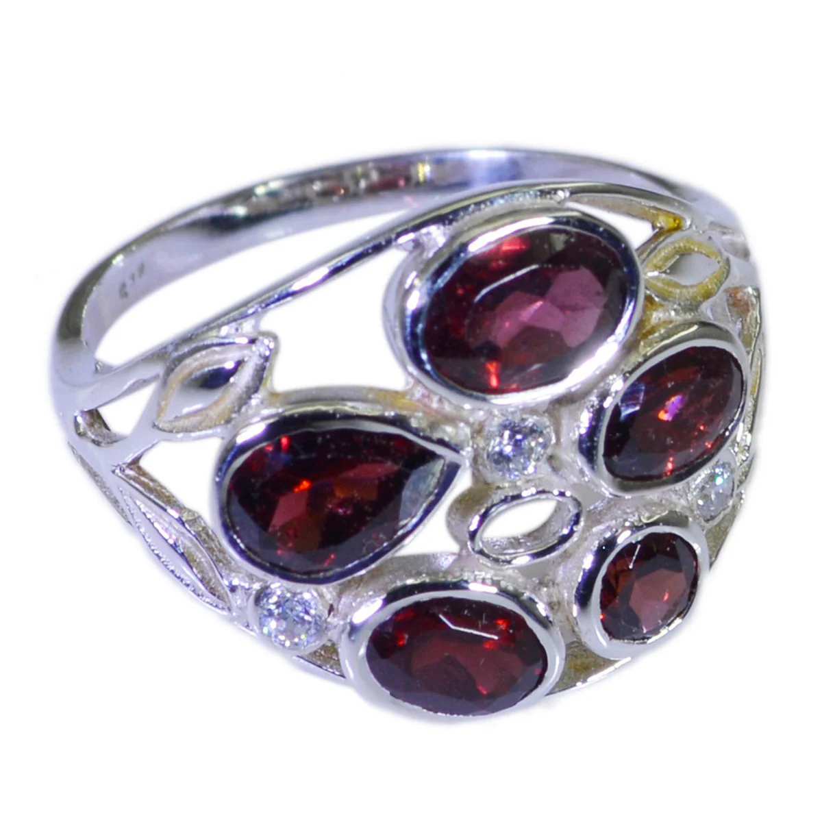 Garnet Penta Egyptian Silver Red Gems Slim Graceful Ring Jewelry - Image 2