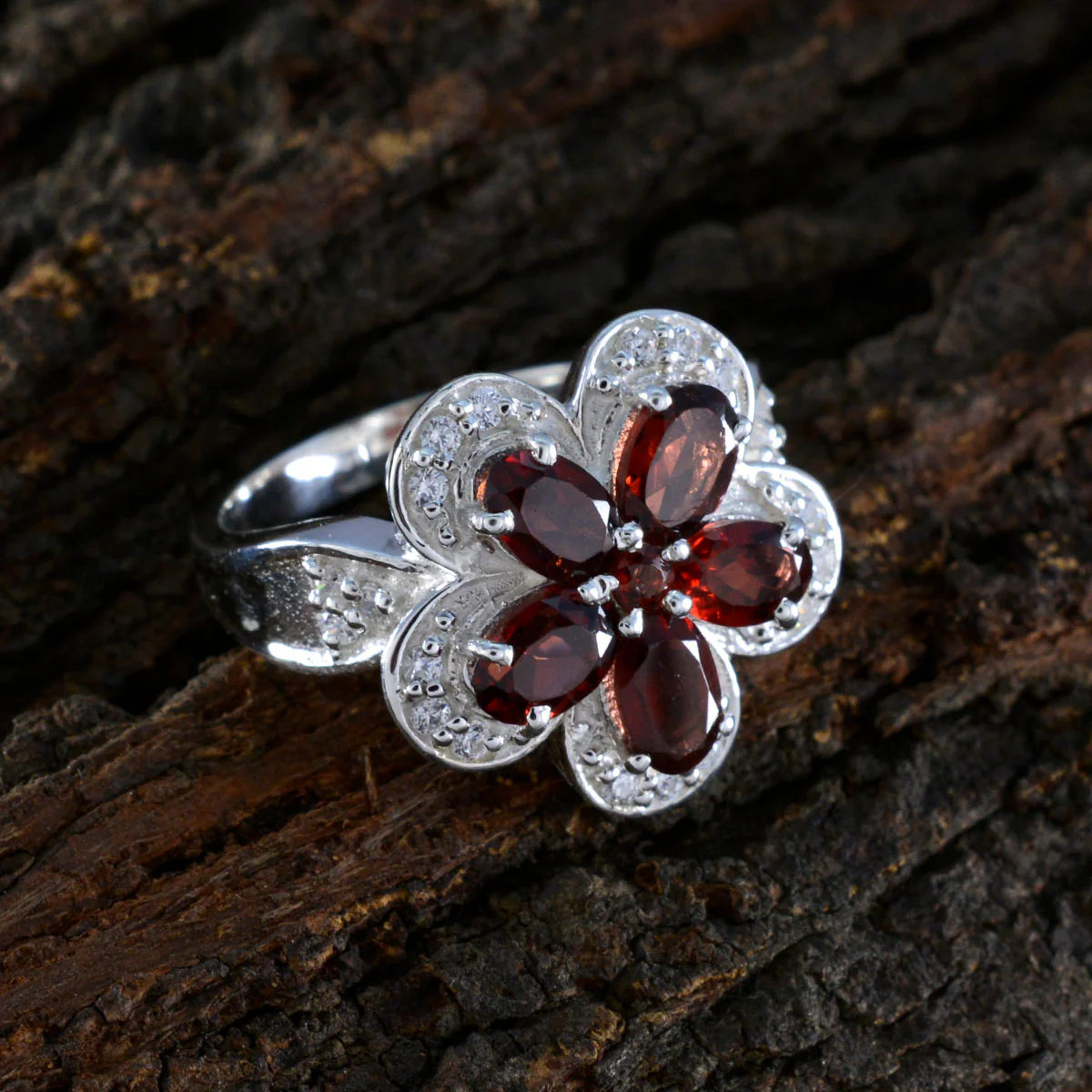 Garnet Penta Russian 925 Sterling Silver Red Gemstones Classic Floral Ring Jewellery - Image 3