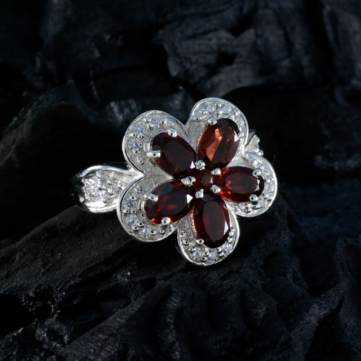 Garnet Penta Russian 925 Sterling Silver Red Gemstones Classic Floral Ring Jewellery - Image 4