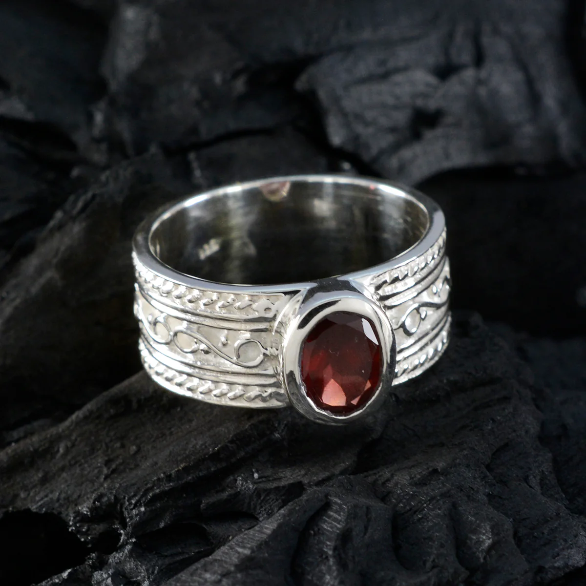 Garnet Solitaire German 925 Silver Red Gemstones Mid-weight Art Deco Ring Jewellery - Image 5