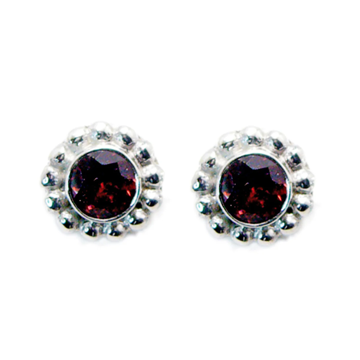 Garnet Spanish Ha-eun Solitaire Stud Red Silver Earring