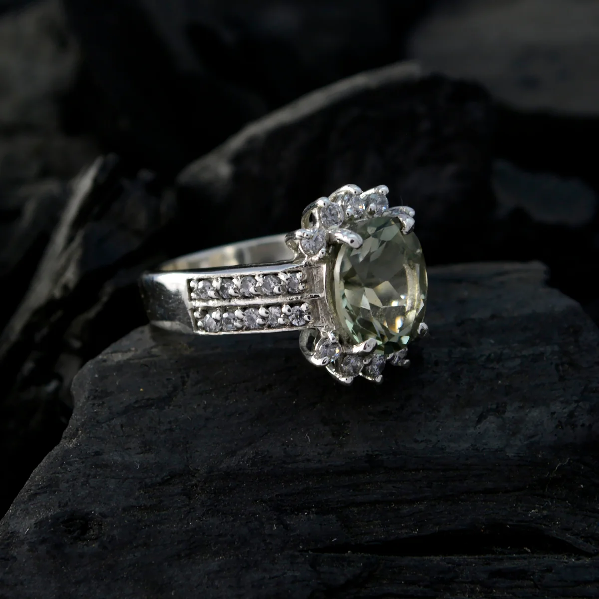Green Amethyst Halo German 92.5 Silver Green Gemstones Classic Boho Ring Jewellery - Image 5