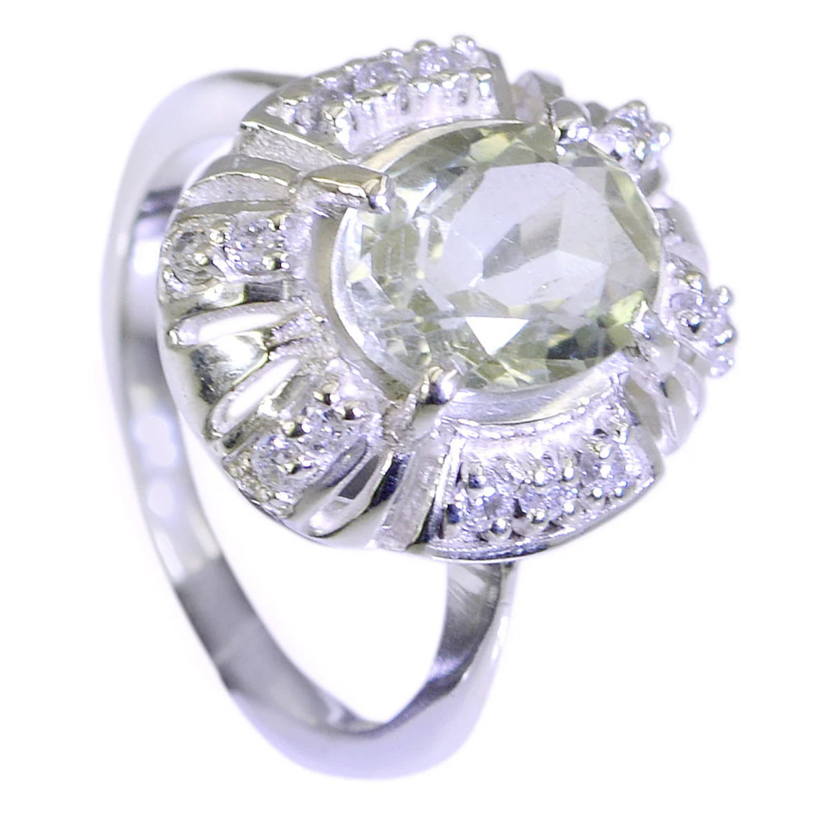 Green Amethyst Halo Indian 92.5 Silver Green Gems Featherlight Feminine Ring Jewelry - Image 2