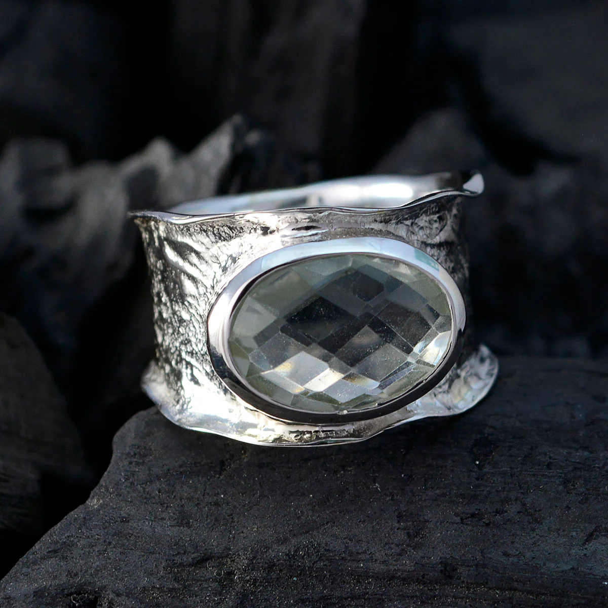 Green Amethyst Solitaire German Silver Green Gemstone Edgy Oversized Band Jewellery - Image 4