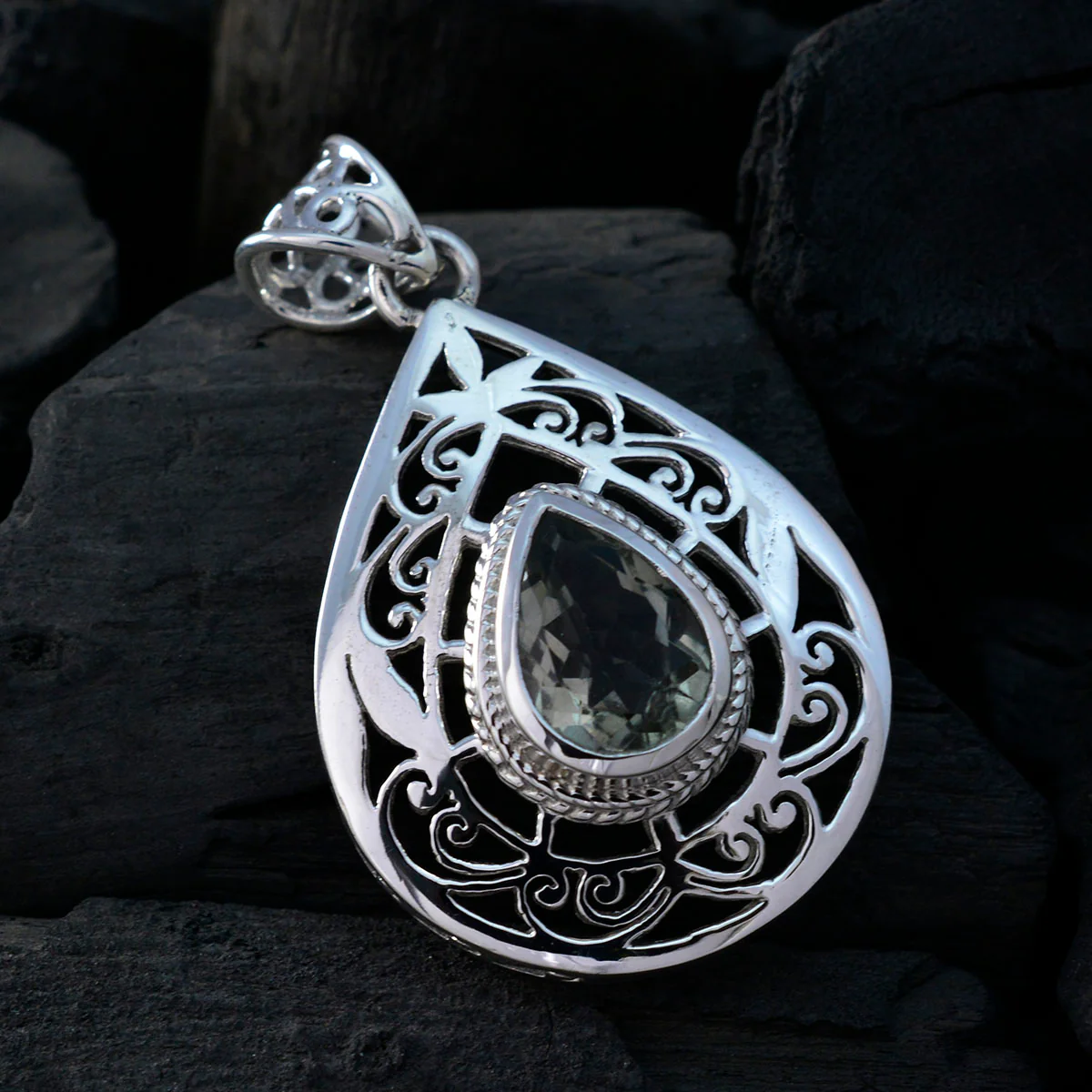 Green Amethyst Statement German Sterling Silver Solitaire Layla Filigree Green Pendant Jewellery - Image 4