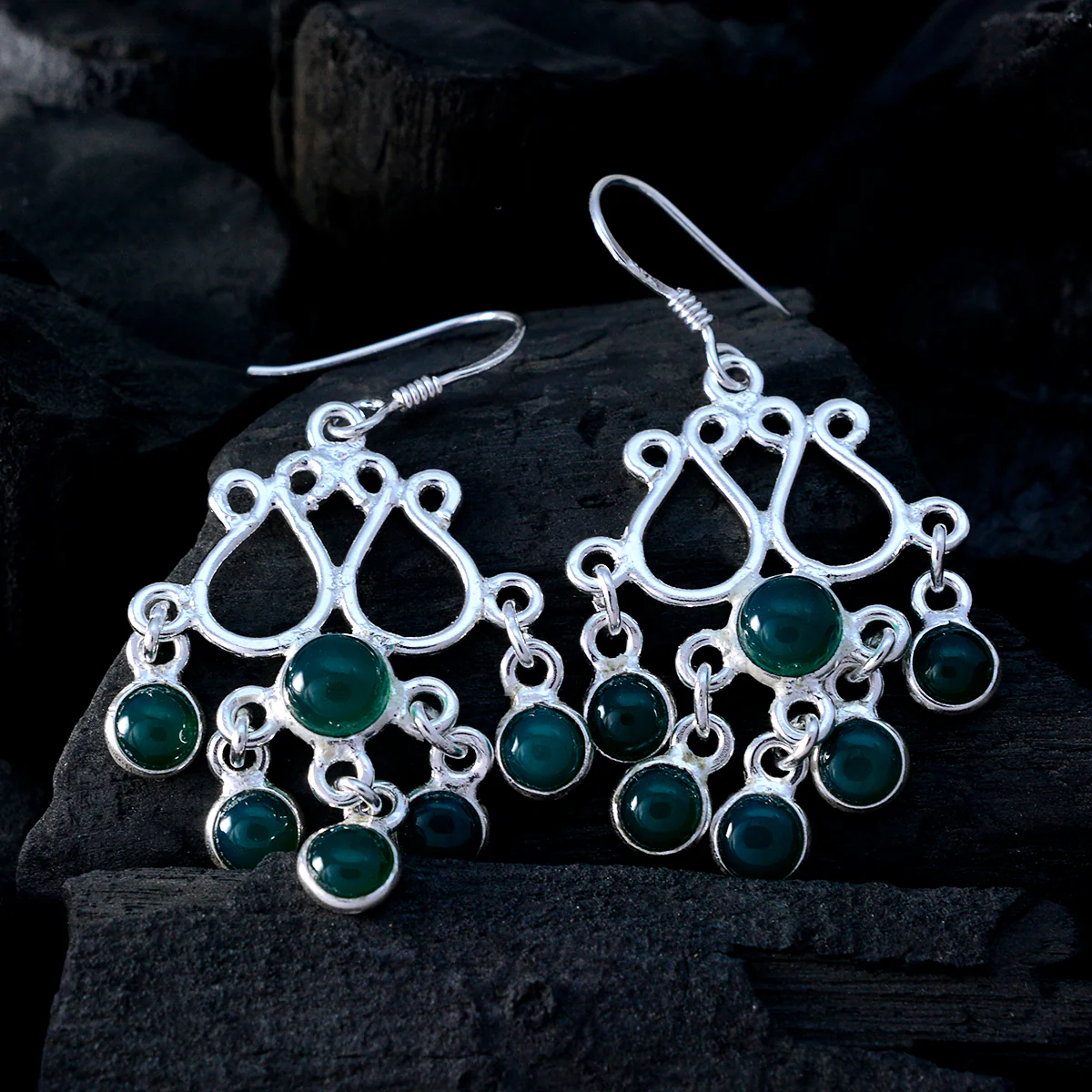 Green Onyx American Claire multiple Dangle Green 92.5 Silver Earring - Image 4