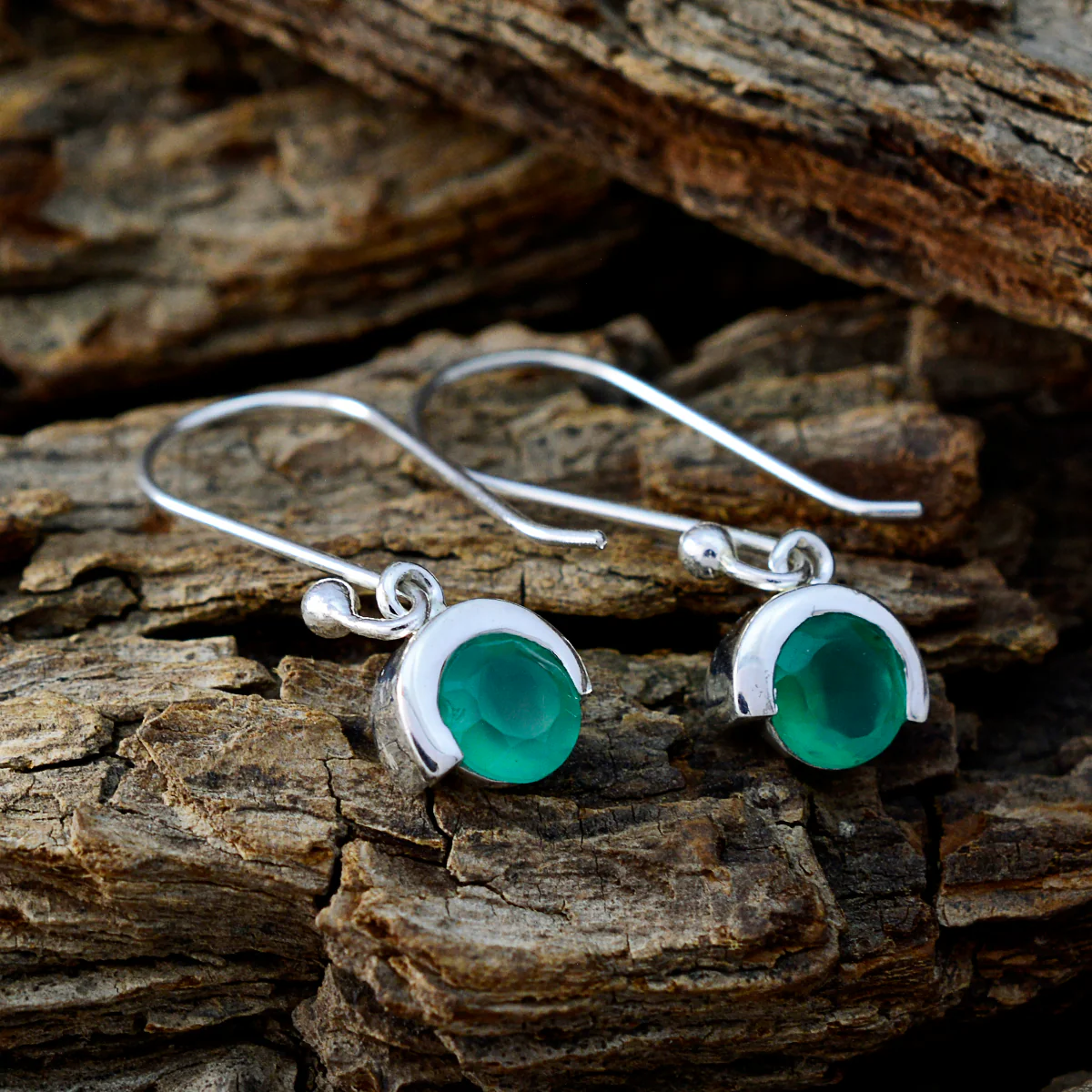 Green Onyx French Alina Solitaire Dangle Green 92.5 Silver Earring - Image 3