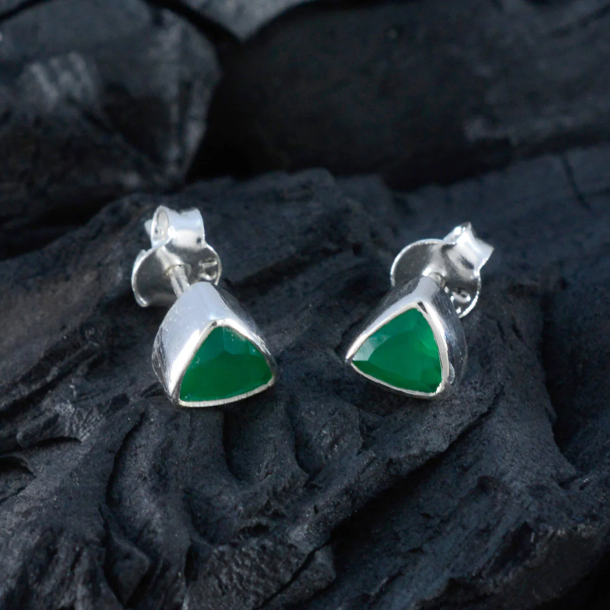 Green Onyx German Constanza Solitaire Stud Green 92.5 Silver Earring - Image 4