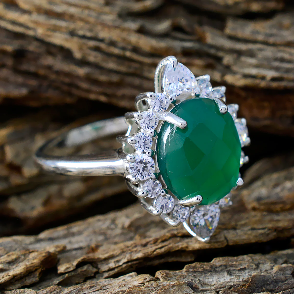 Green Onyx Halo African 925 Sterling Silver Green Gemstone Eye-catching Abstract Ring Jewelry - Image 3