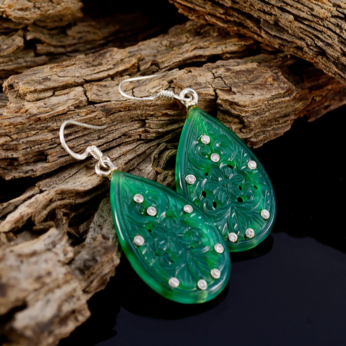 Green Onyx Indian Araya multiple Dangle Green 925 Sterling Silver Earring - Image 3