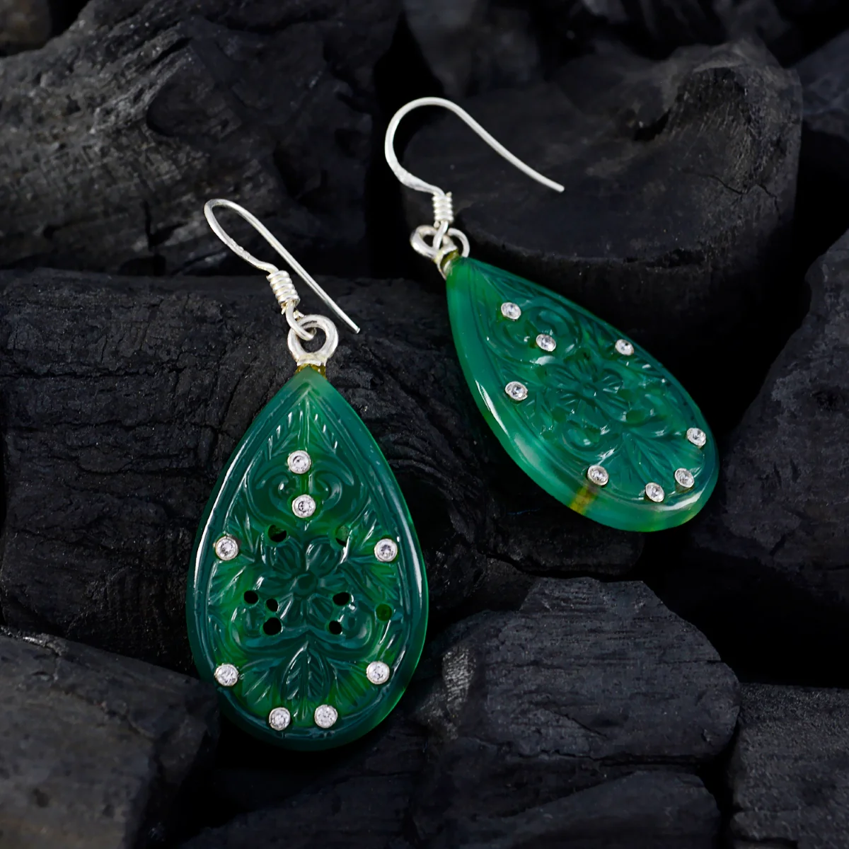 Green Onyx Indian Araya multiple Dangle Green 925 Sterling Silver Earring - Image 4