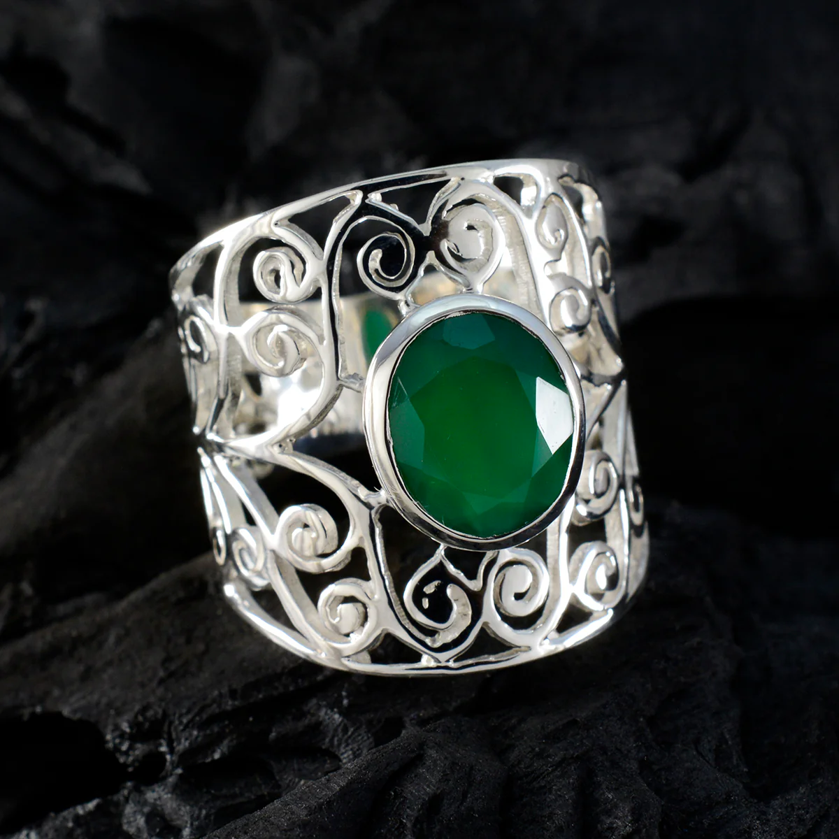 Green Onyx Solitaire Australian 925 Silver Green Gemstone Versatile Filigree  Ring Jewelry - Image 4