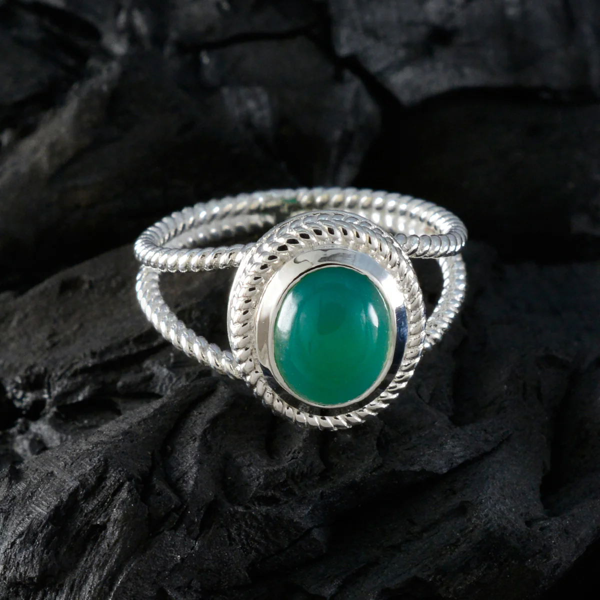 Green Onyx Solitaire Australian 925 Silver Green Gemstones Classic Rope-Wire Ring Jewelry - Image 4