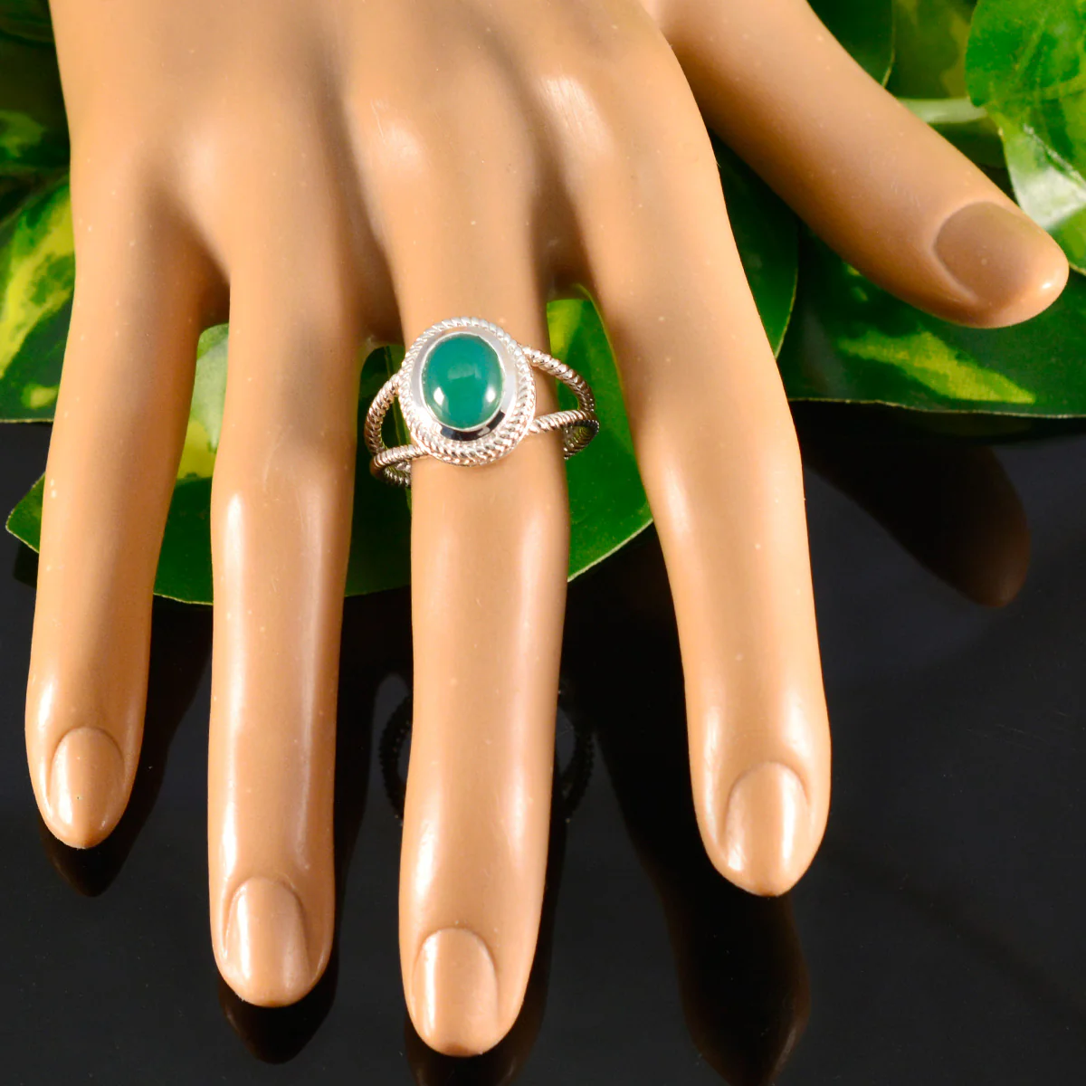 Green Onyx Solitaire Australian 925 Silver Green Gemstones Classic Rope-Wire Ring Jewelry - Image 5