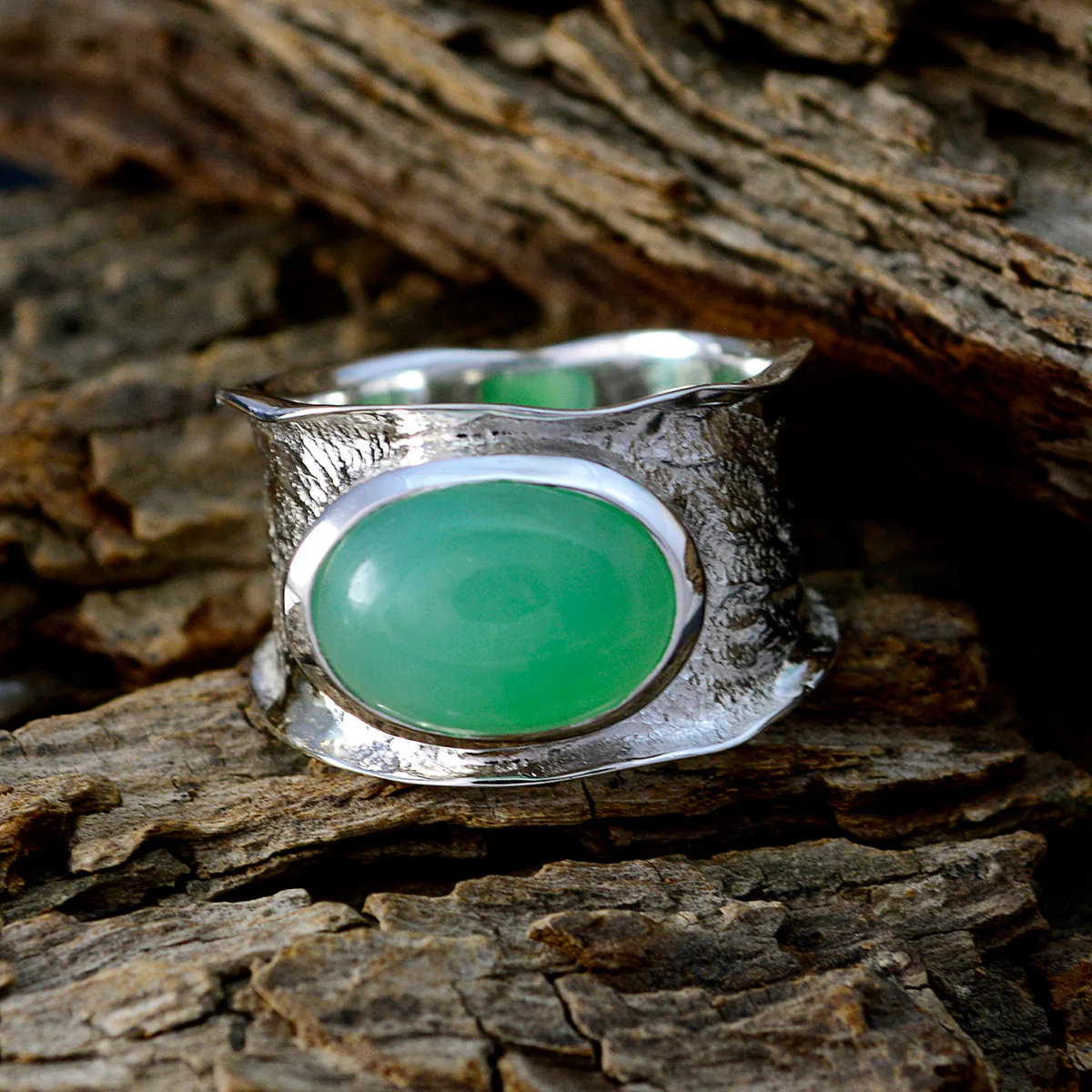 Green Onyx Solitaire German Sterling Silver Green Gemstones Edgy Oversized Band Jewelry - Image 3