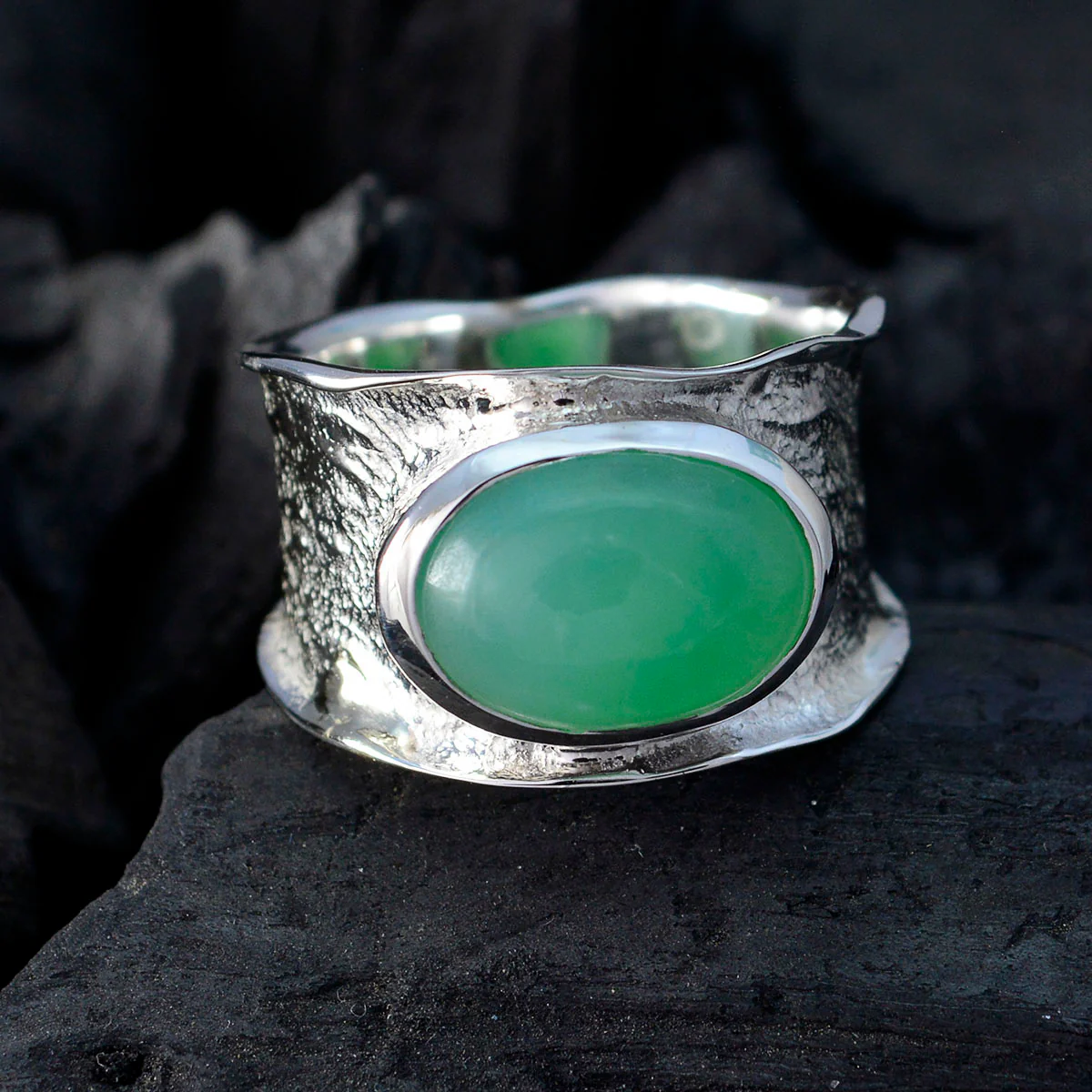 Green Onyx Solitaire German Sterling Silver Green Gemstones Edgy Oversized Band Jewelry - Image 4