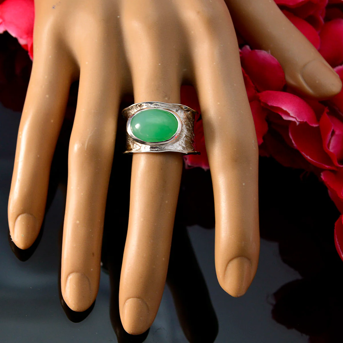 Green Onyx Solitaire German Sterling Silver Green Gemstones Edgy Oversized Band Jewelry - Image 5