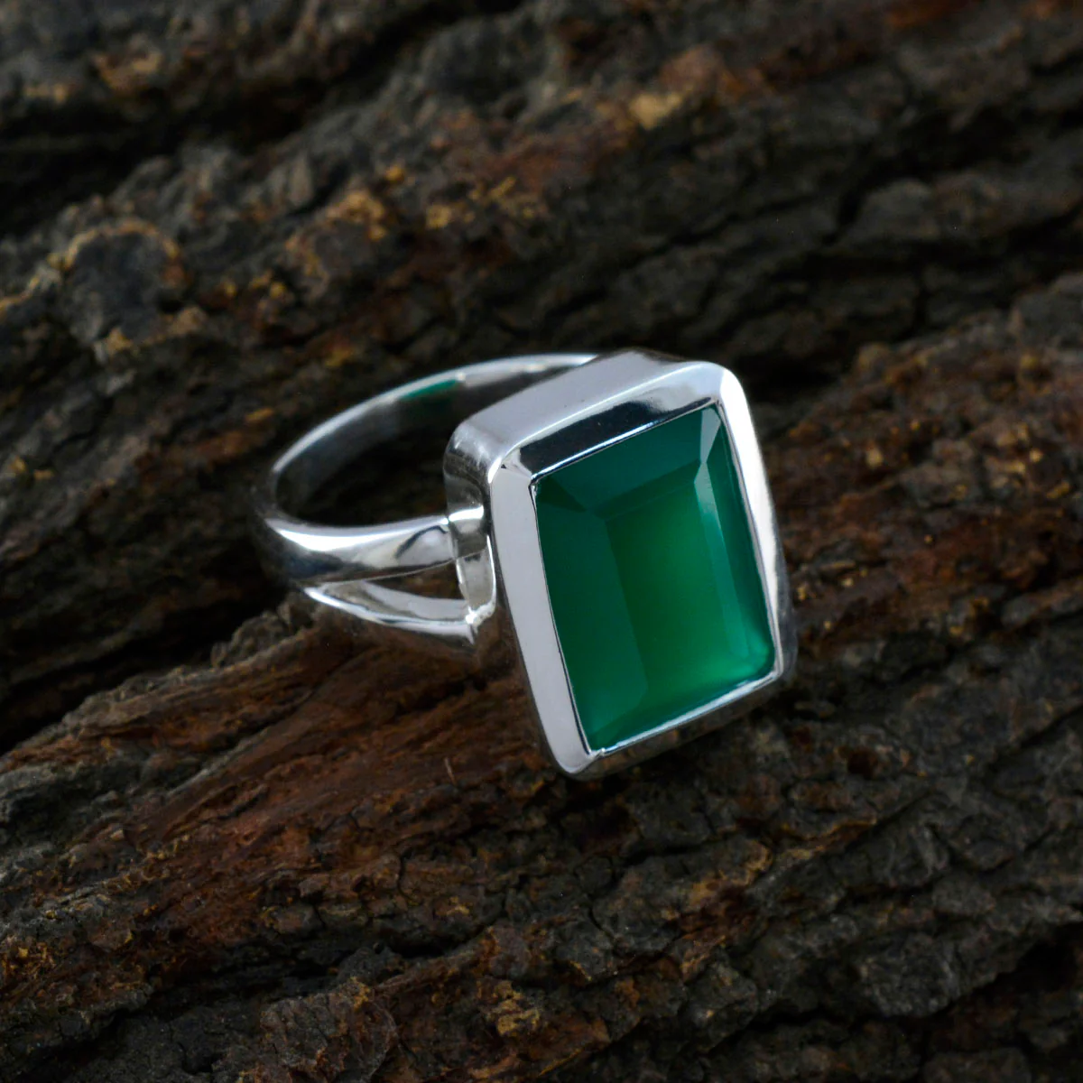 Green Onyx Solitaire Italian 925 Silver Green Gemstone Edgy Trendy Ring Jewellery - Image 3
