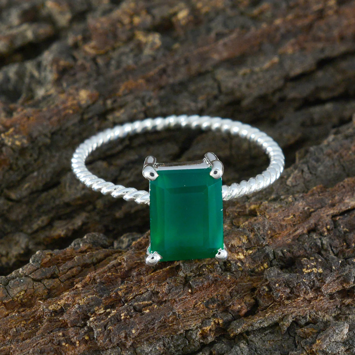Green Onyx Solitaire Japanese 925 Silver Green Gems Delicate Twist Ring Jewelry - Image 3
