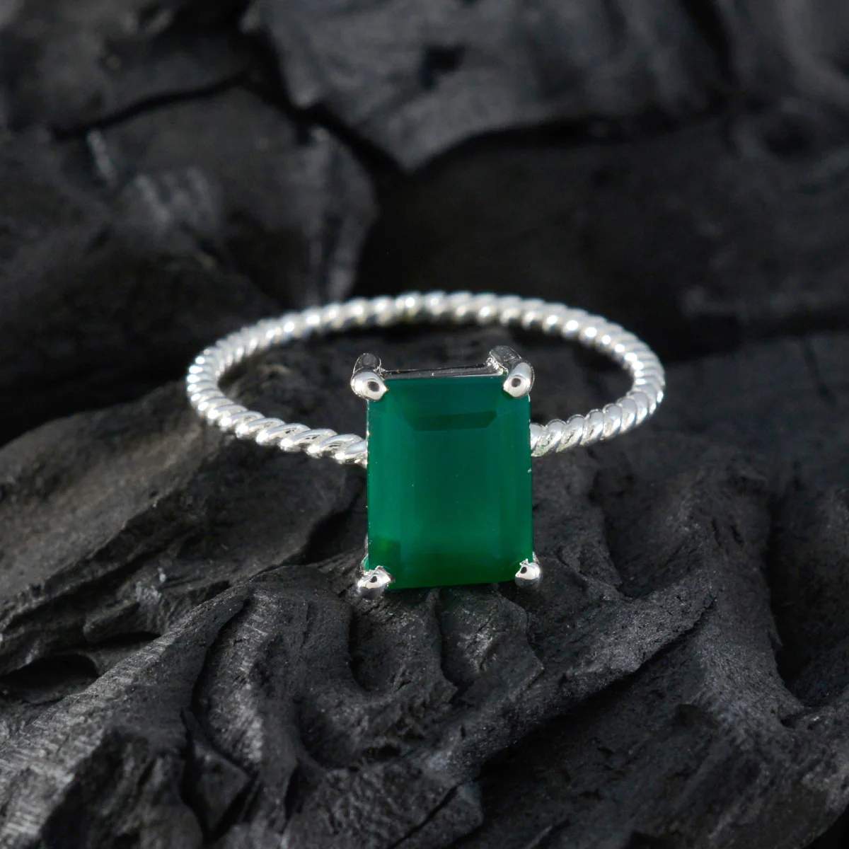 Green Onyx Solitaire Japanese 925 Silver Green Gems Delicate Twist Ring Jewelry - Image 4