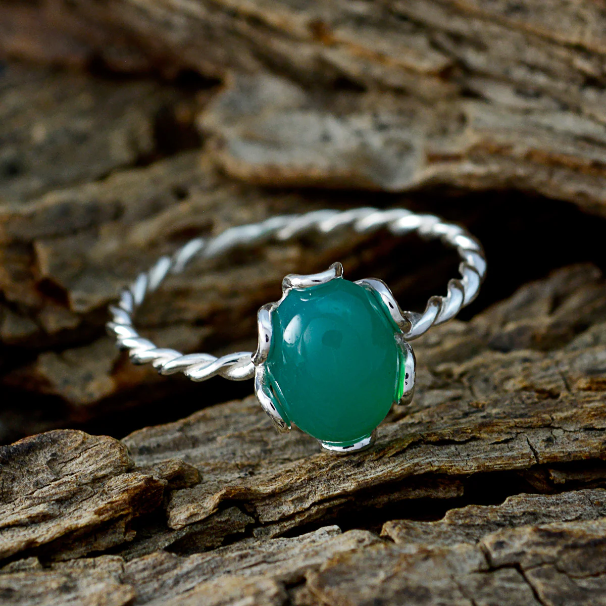 Green Onyx Solitaire Japanese 925 Silver Green Gemstones Elegant Twist Ring Jewelry - Image 3