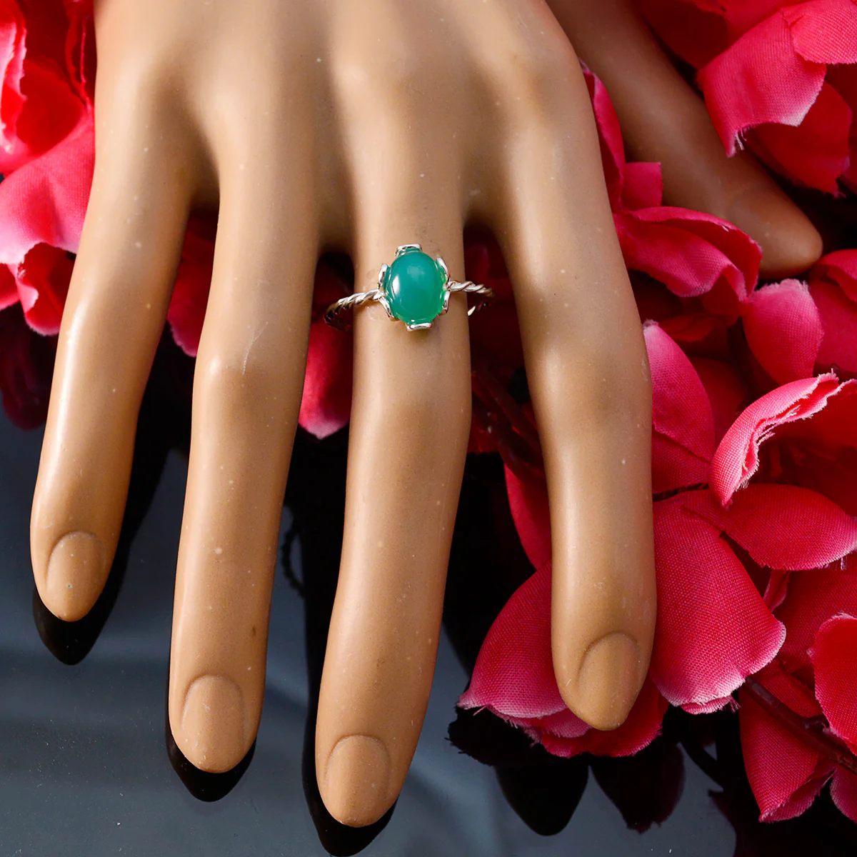 Green Onyx Solitaire Japanese 925 Silver Green Gemstones Elegant Twist Ring Jewelry - Image 5