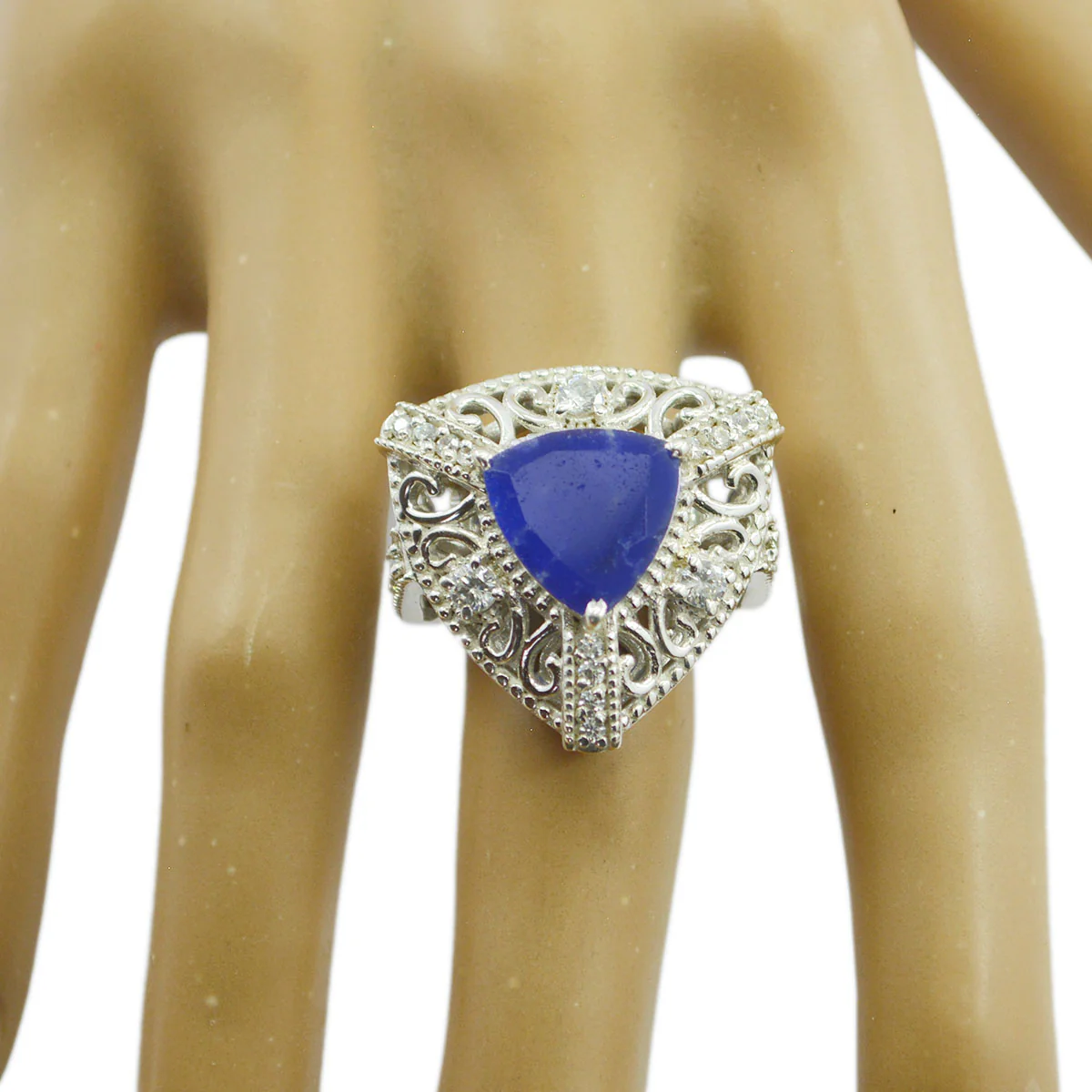 Indian Blue Sapphire Halo Egyptian Sterling Silver Blue Gems Statement Filigree Ring Jewellery - Image 2