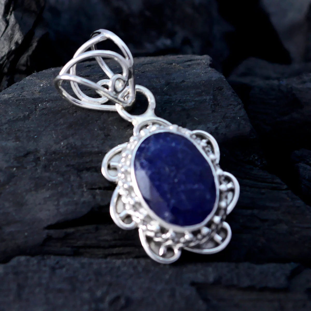 Indian Blue Sapphire Mid-weight Mexican Silver Solitaire Julieta Rope-Wire Blue Pendant Jewelry - Image 3