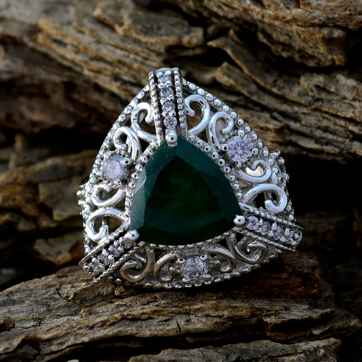 Indian Emerald Halo Egyptian Silver Green Gemstone Statement Filigree Ring Jewellery - Image 4