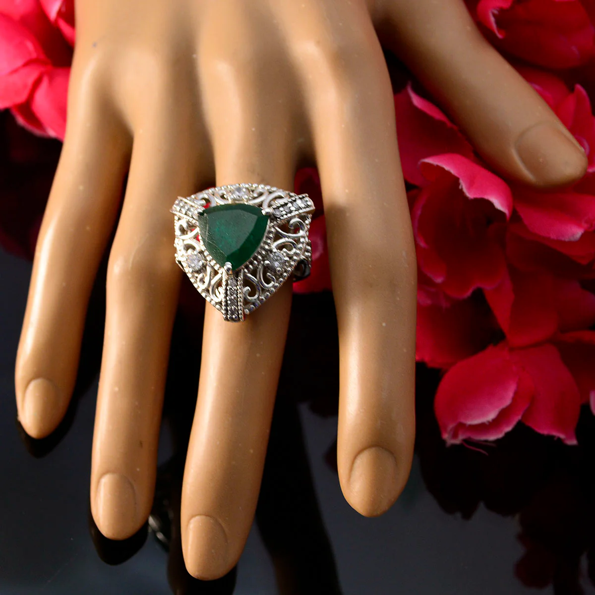 Indian Emerald Halo Egyptian Silver Green Gemstone Statement Filigree Ring Jewellery - Image 6