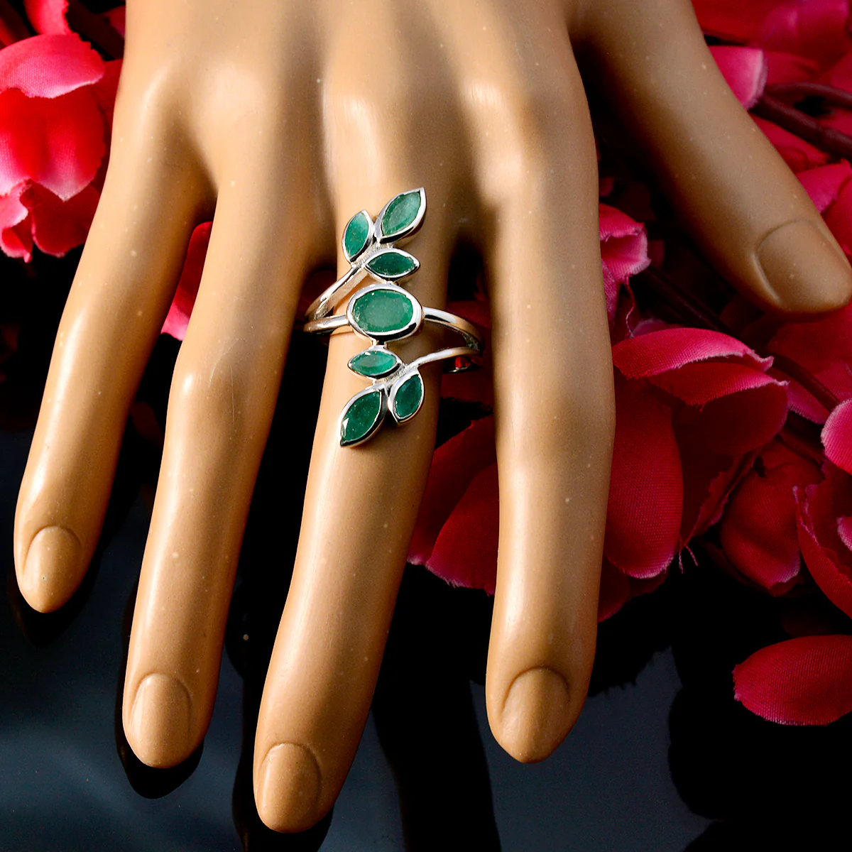 Indian Emerald Hepta French Sterling Silver Green Gems Classic Leafy Ring Jewelry - Image 5