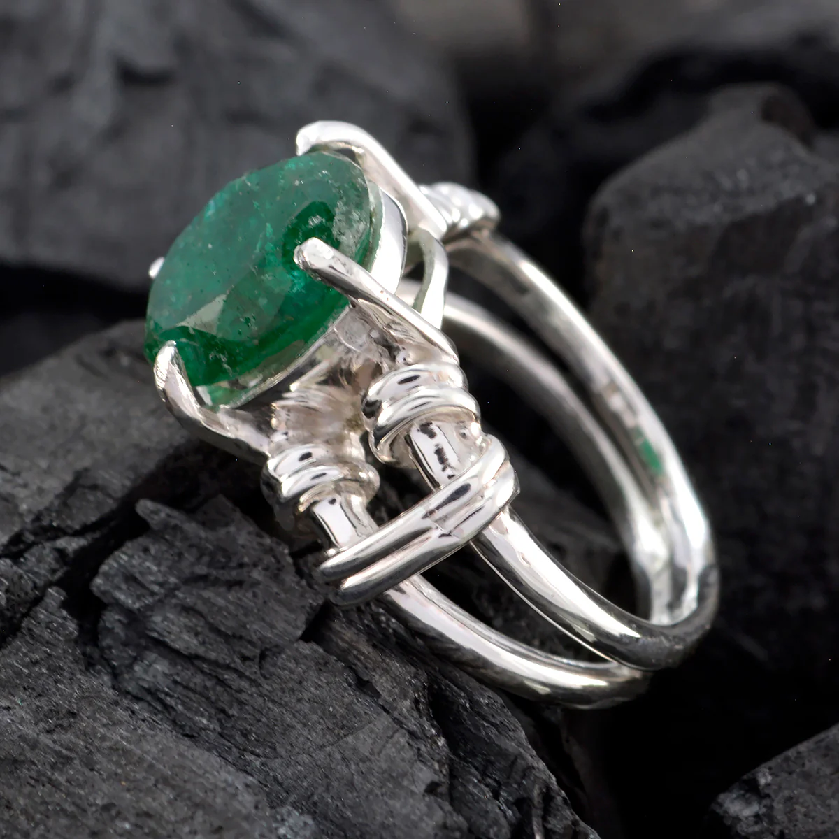 Indian Emerald Solitaire Italian Sterling Silver Green Gemstones Eye-catching Rope-Wire Ring Jewelry - Image 5