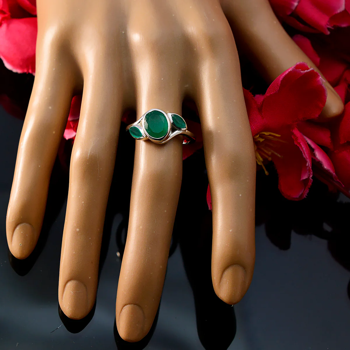 Indian Emerald Trilogy Indian 925 Sterling Silver Green Gems Slim Artisan Ring Jewellery - Image 5