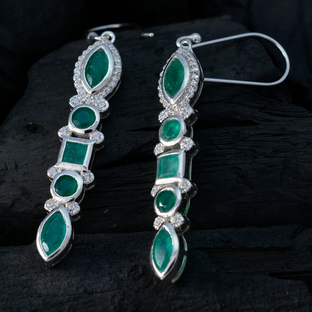 Indian Emerald Turkish Aaliyah multiple Dangle Green 925 Sterling Silver Earring - Image 2