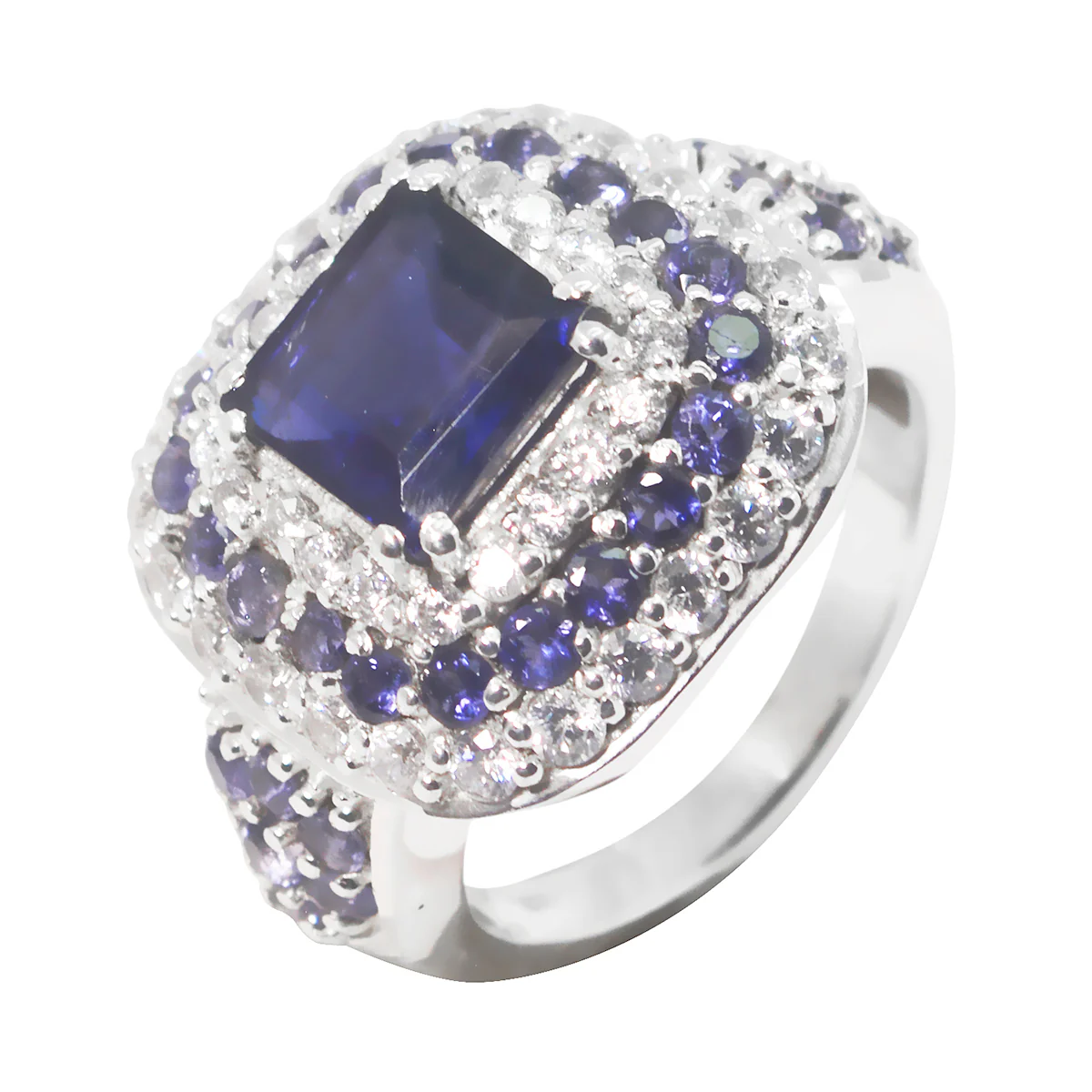 Iolite Halo French Silver Blue Gems Edgy Modern Ring Jewelry