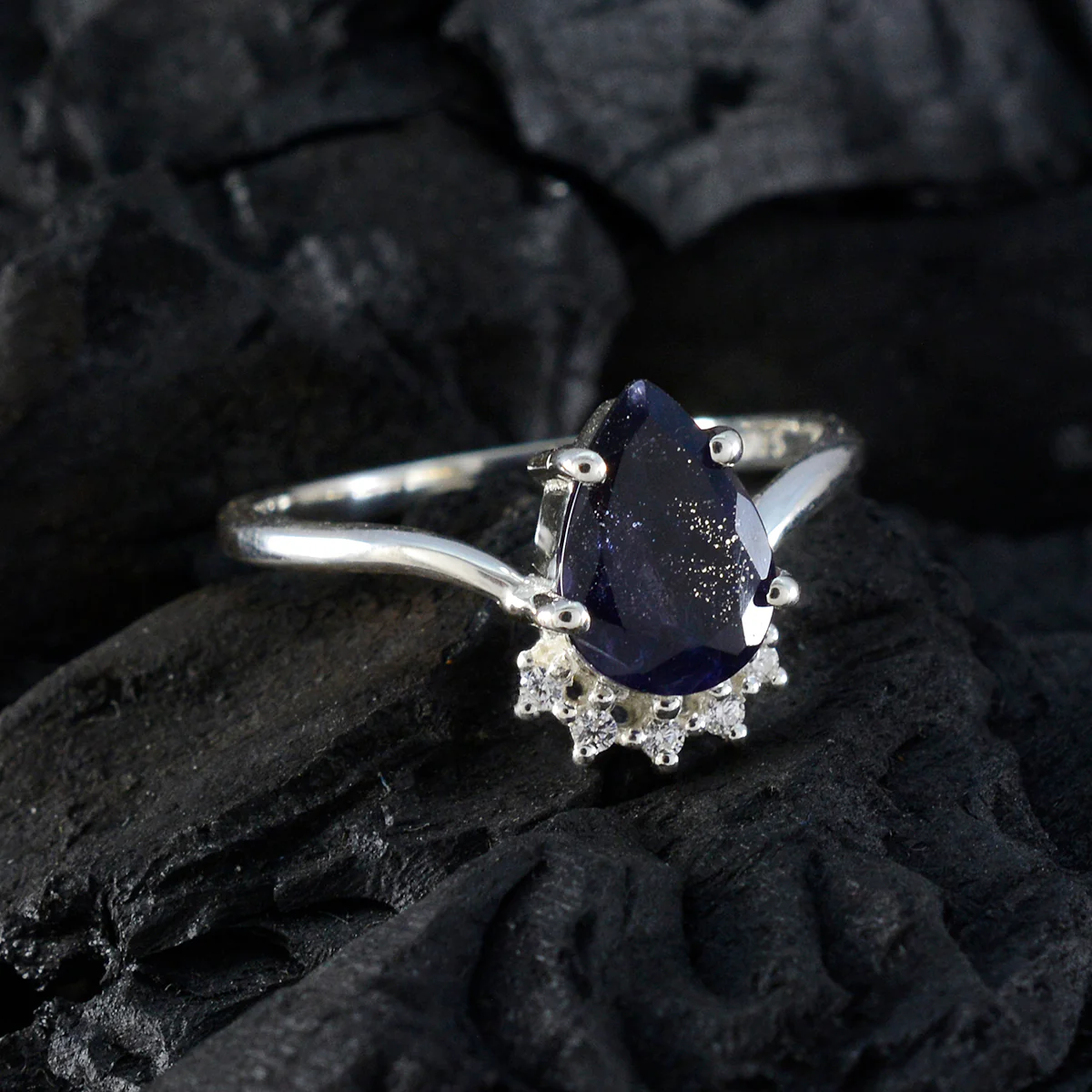 Iolite Halo Turkish 92.5 Silver Blue Gems Delicate Contemporary Ring Jewellery - Image 4