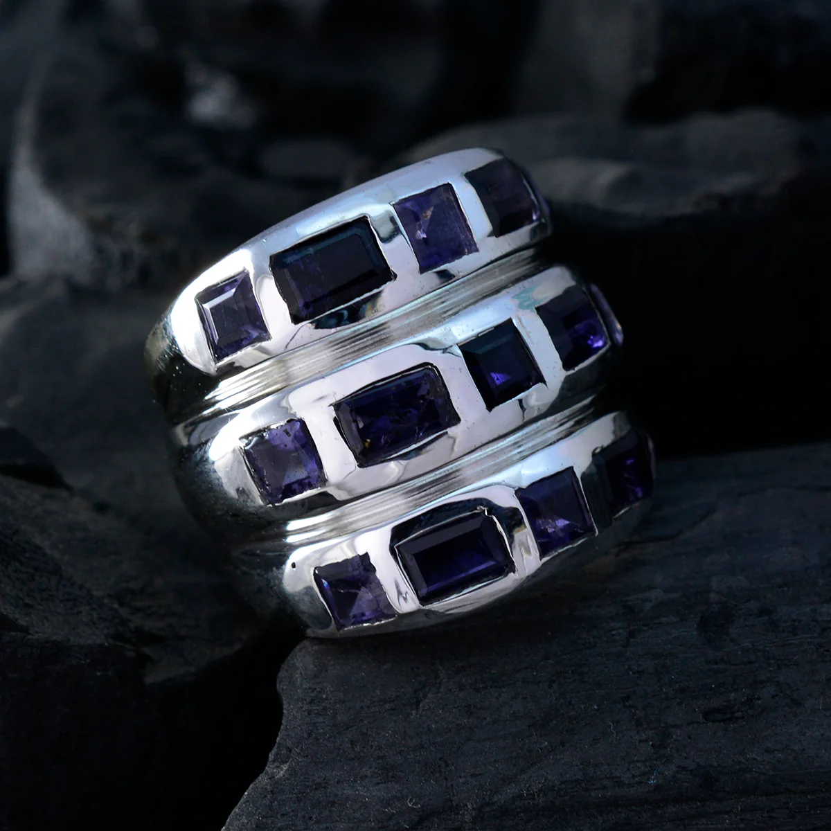 Iolite multiple French Sterling Silver Blue Gems Chunky Cocktail Ring Jewelry - Image 4