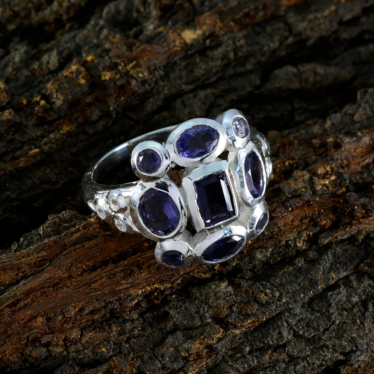 Iolite Navratna French Silver Blue Gemstone Classic Signet Ring Jewelry - Image 3