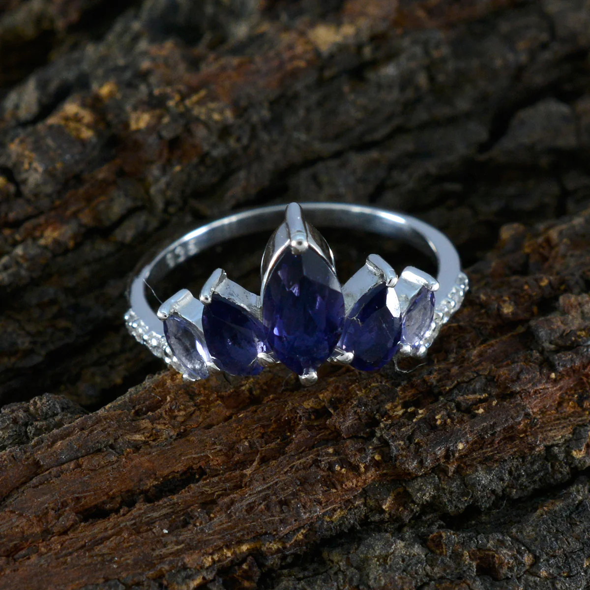 Iolite Penta Korean Silver Blue Gems Elegant  crown Ring Jewelry - Image 4