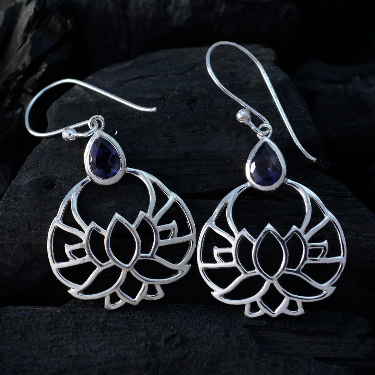 Iolite Russian Harper Solitaire Dangle Blue 925 Silver Earring - Image 2