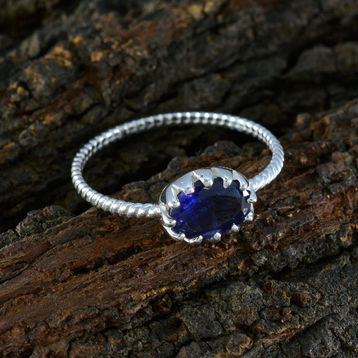 Iolite Solitaire American Silver Blue Gemstone Elegant  Twist Ring Jewelry - Image 3