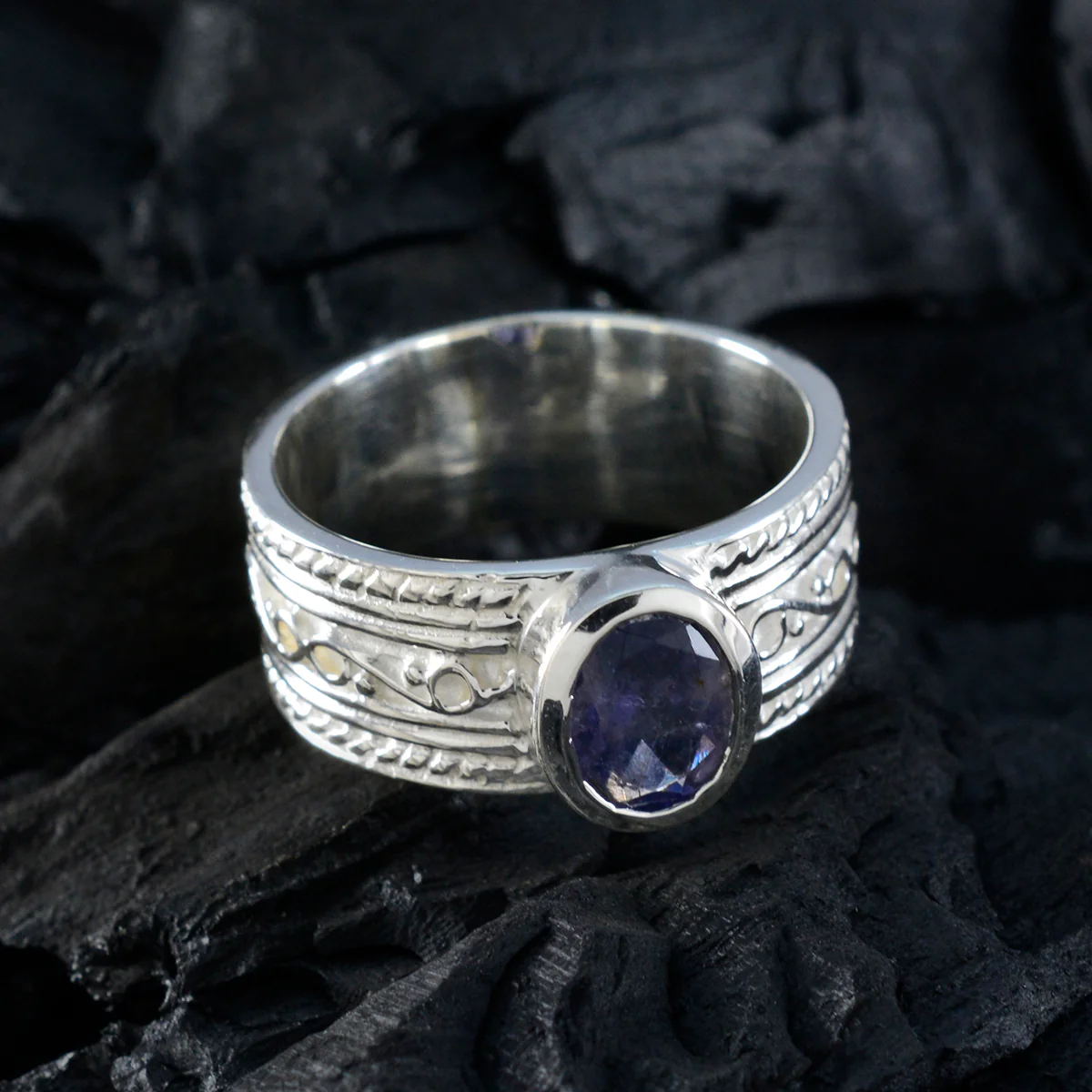 Iolite Solitaire Indian 92.5 Silver Blue Gems Mid-weight Art Deco Ring Jewelry - Image 5